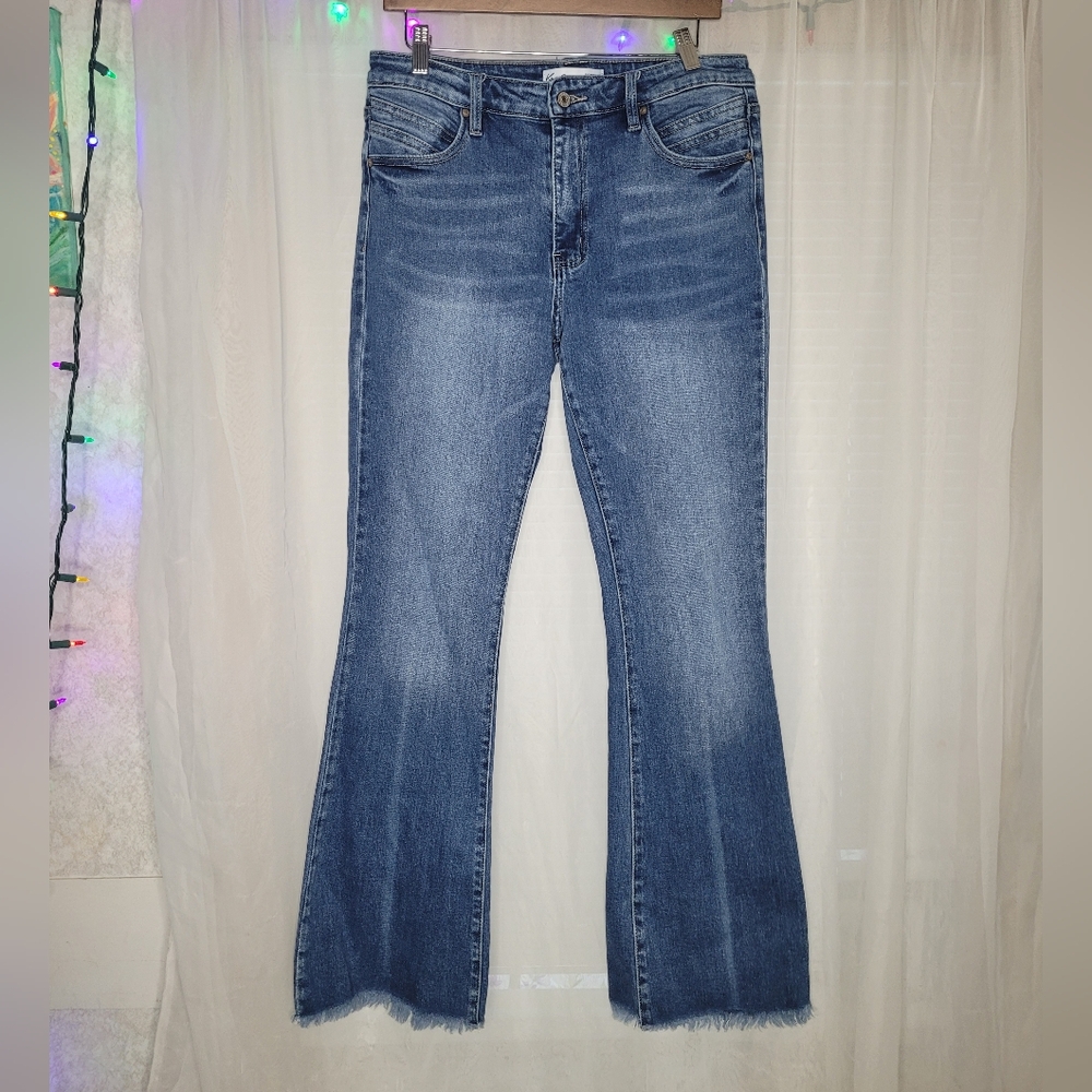 Kancan High Rise Back Seam Flare Jeans Raw Hem Medium Wash Size 30